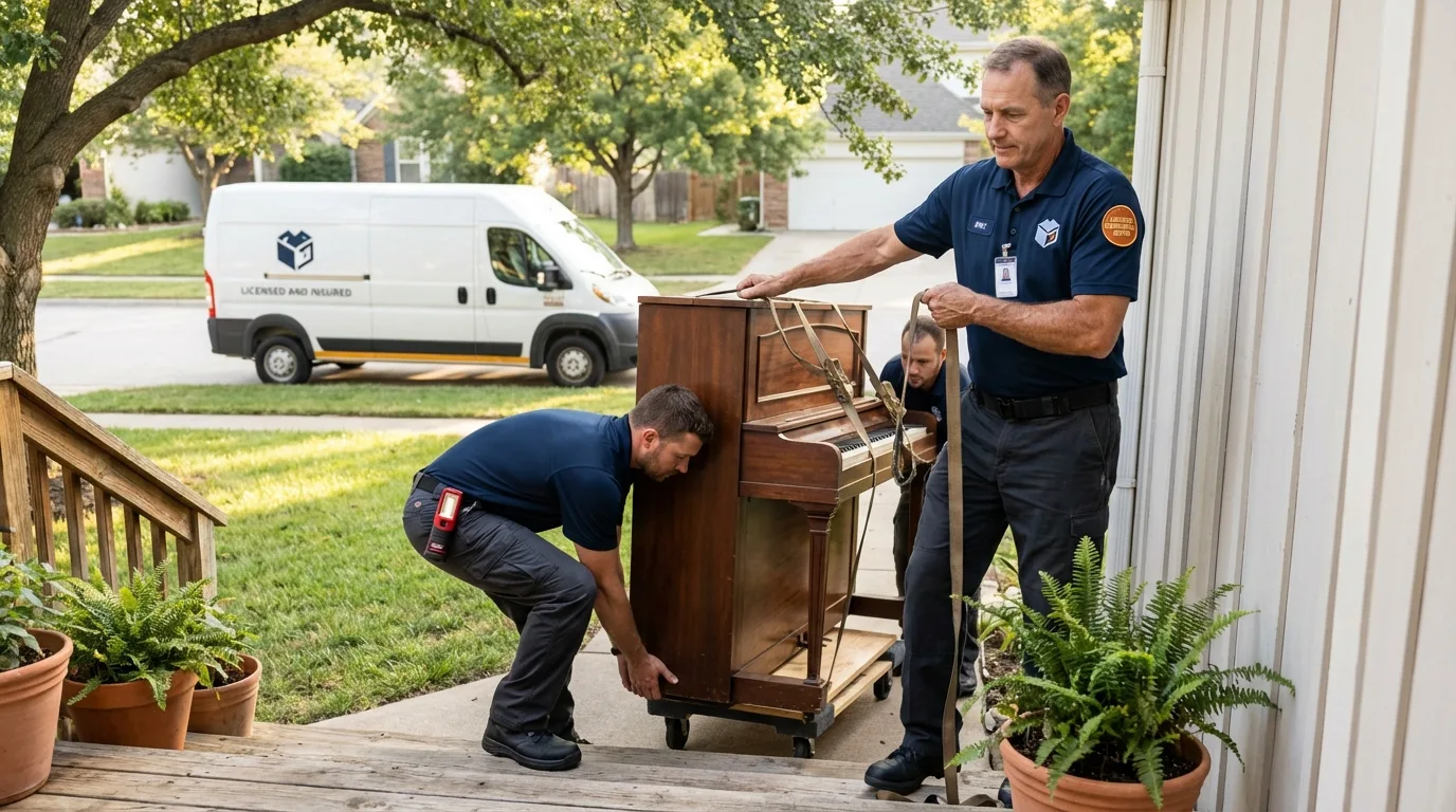 Licensed piano movers securing grand piano in Ligonier, IN