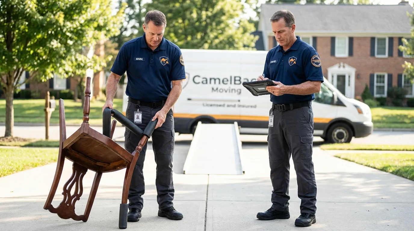 Movers inspecting furniture for damage prevention before loading in Ligonier, IN