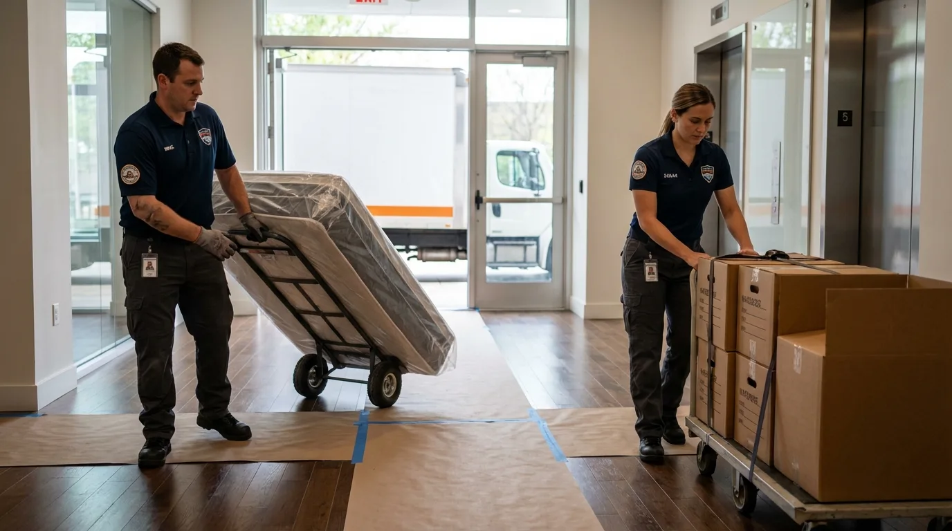 Professional apartment movers loading elevator in Ligonier, IN
